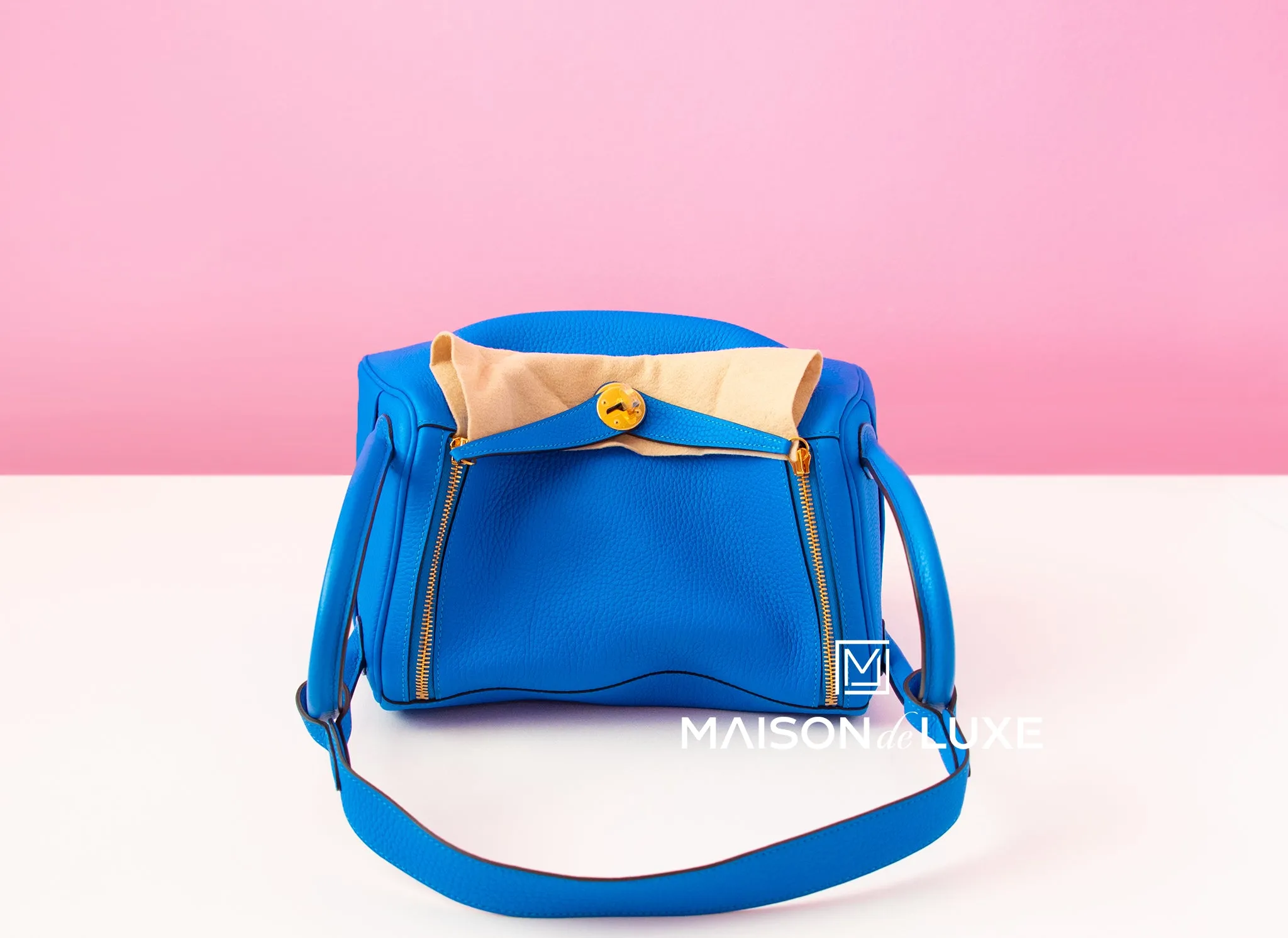 Hermes Blue Hydra Clemence Lindy 30 Handbag