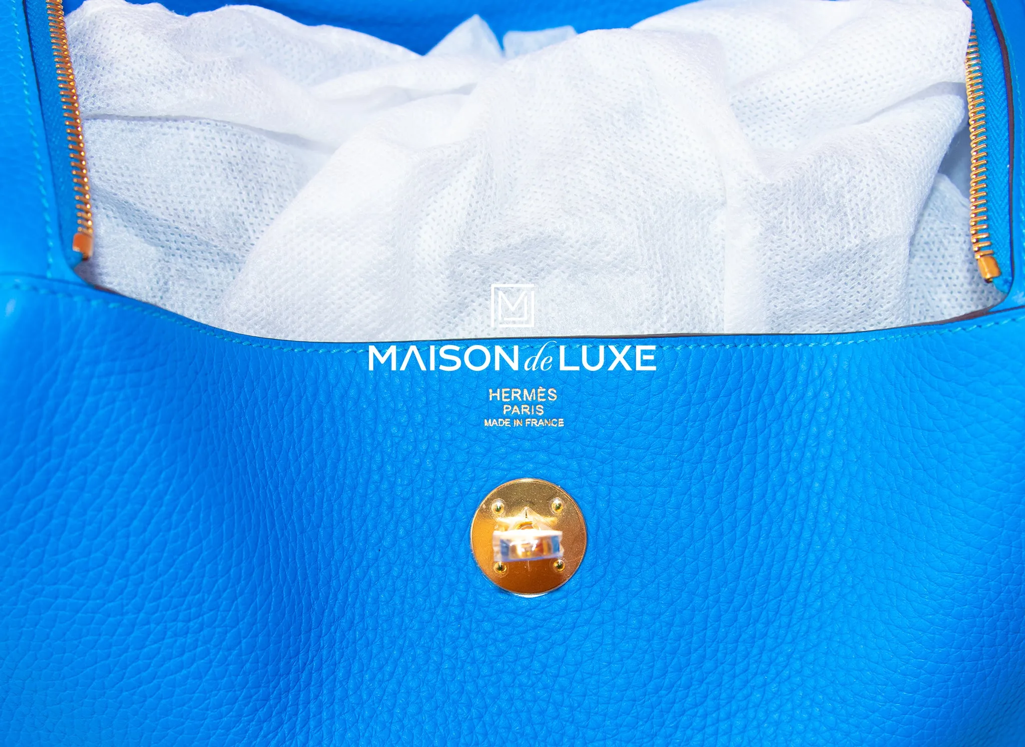 Hermes Blue Hydra Clemence Lindy 30 Handbag