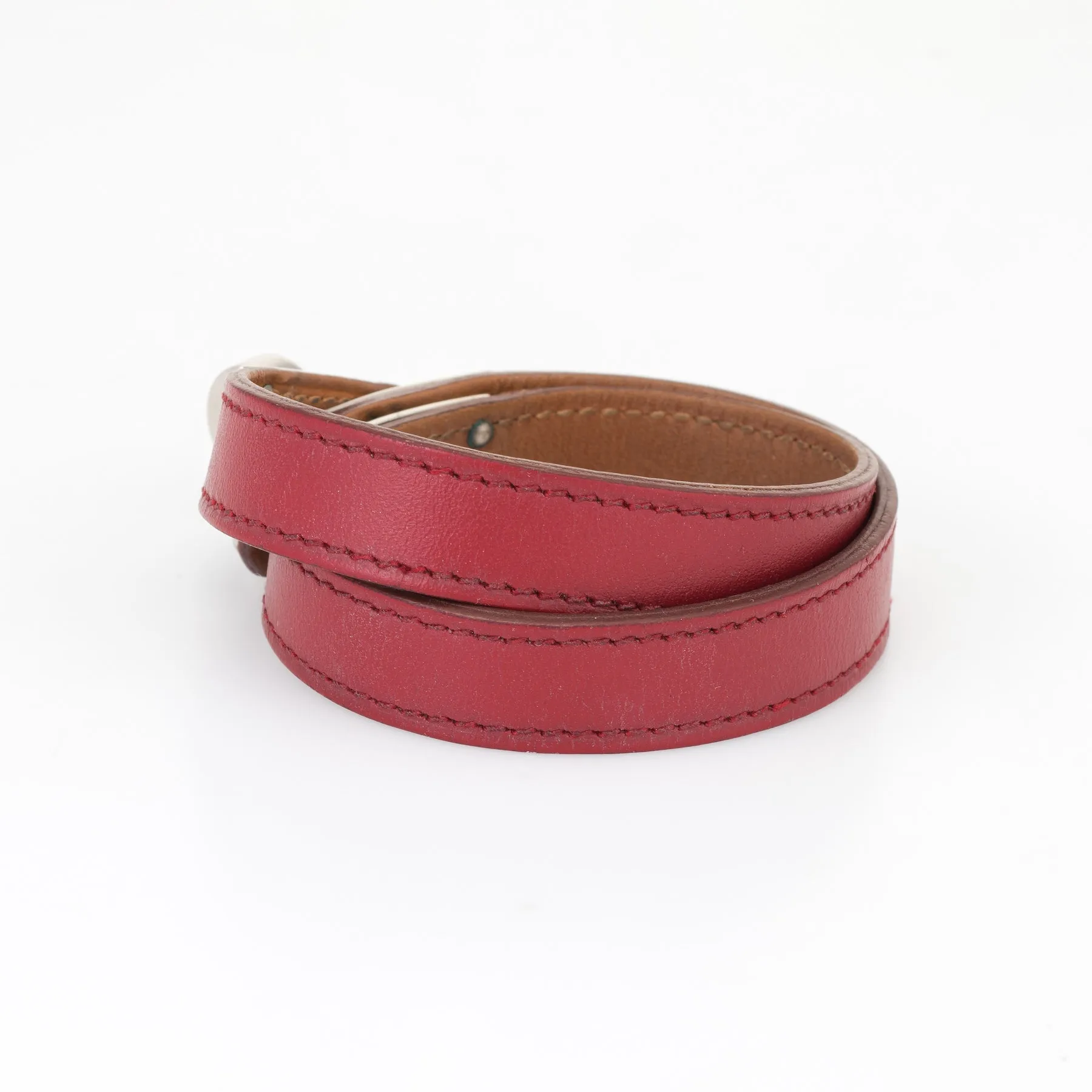 Hermes Kelly Double Tour Bracelet Palladium Plate Red Leather Estate Jewelry