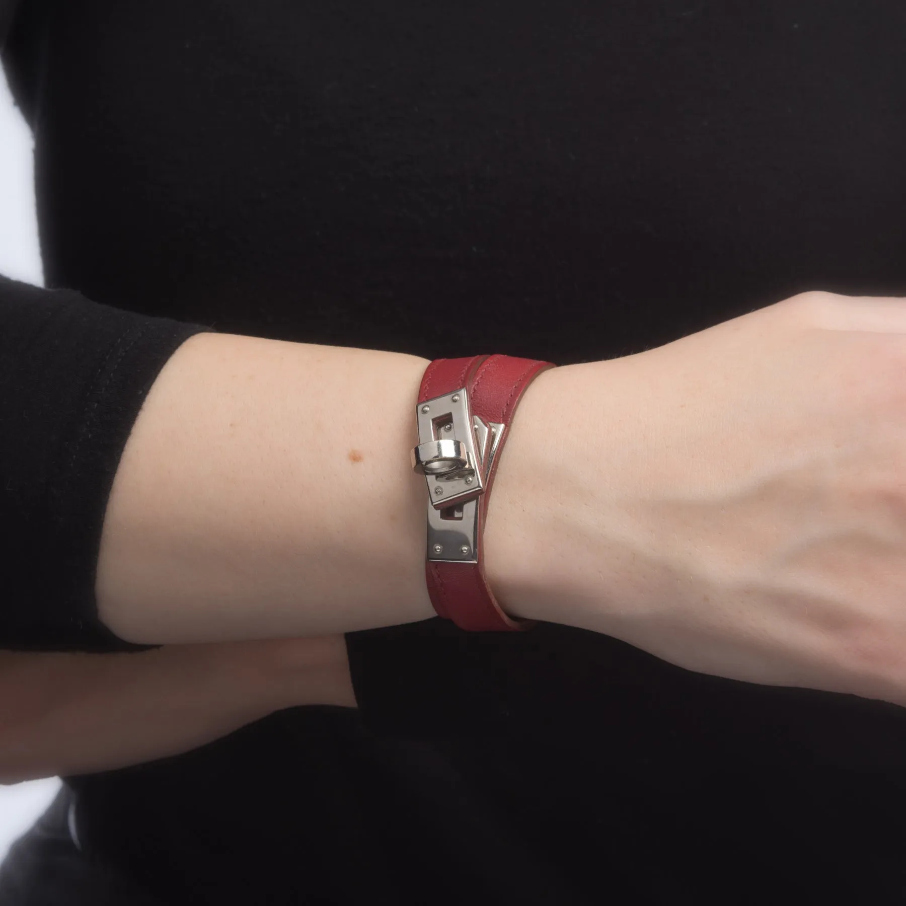 Hermes Kelly Double Tour Bracelet Palladium Plate Red Leather Estate Jewelry