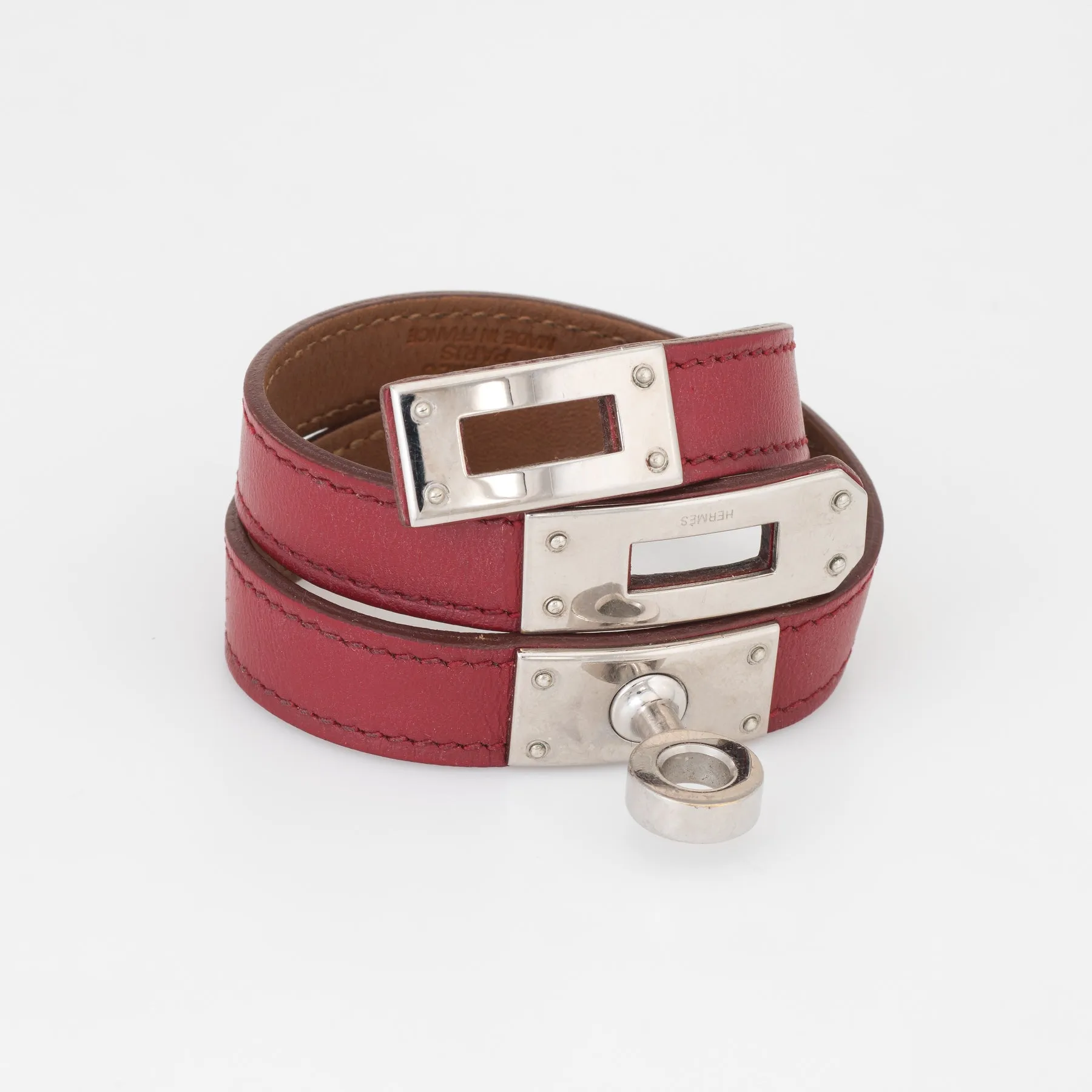 Hermes Kelly Double Tour Bracelet Palladium Plate Red Leather Estate Jewelry