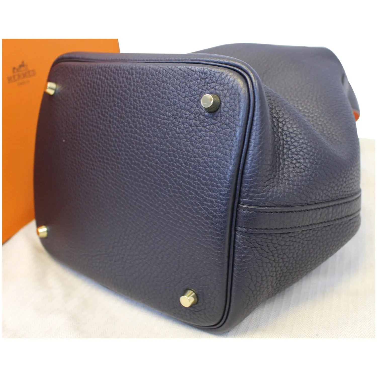 HERMES Picotin Lock 22 MM Orange Poppy Taurillon Clemence Leather Bag Black