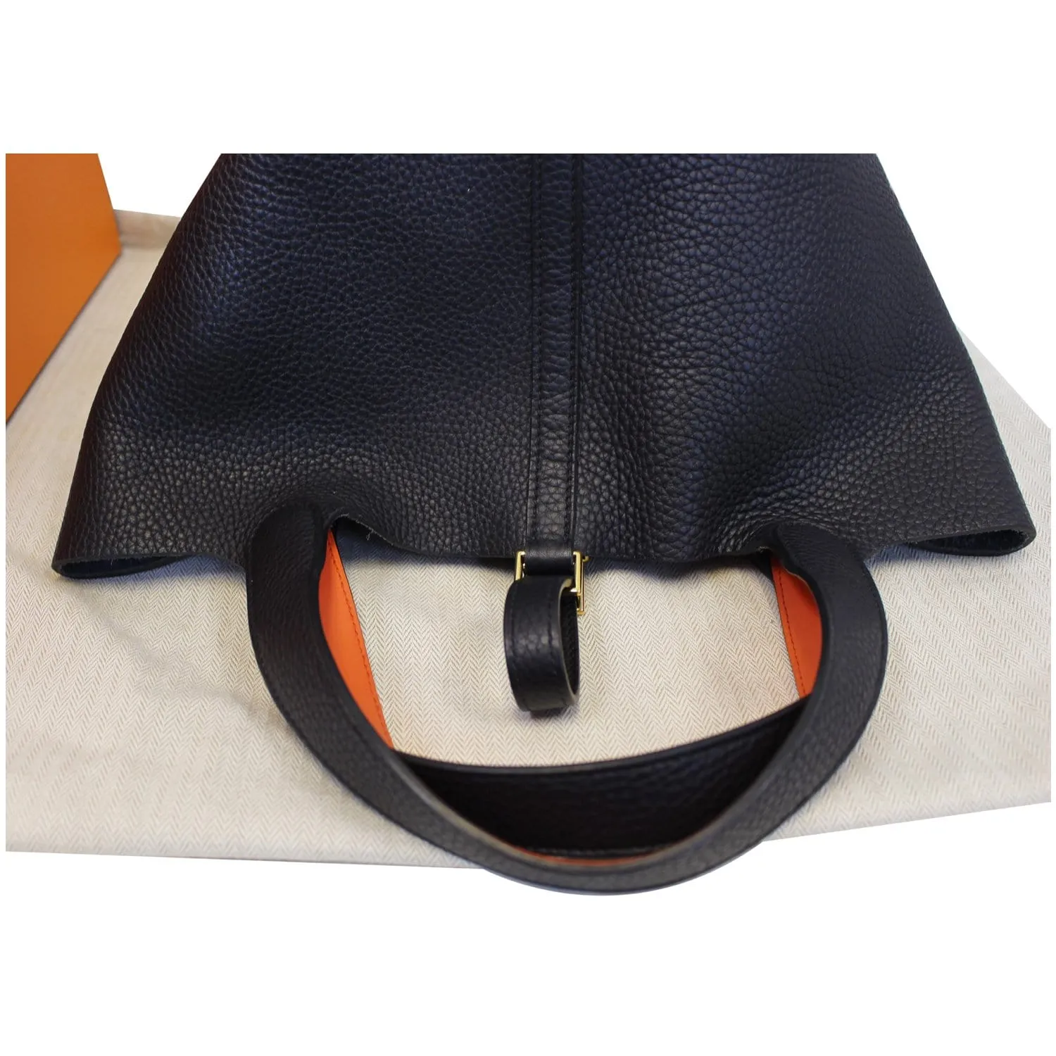 HERMES Picotin Lock 22 MM Orange Poppy Taurillon Clemence Leather Bag Black