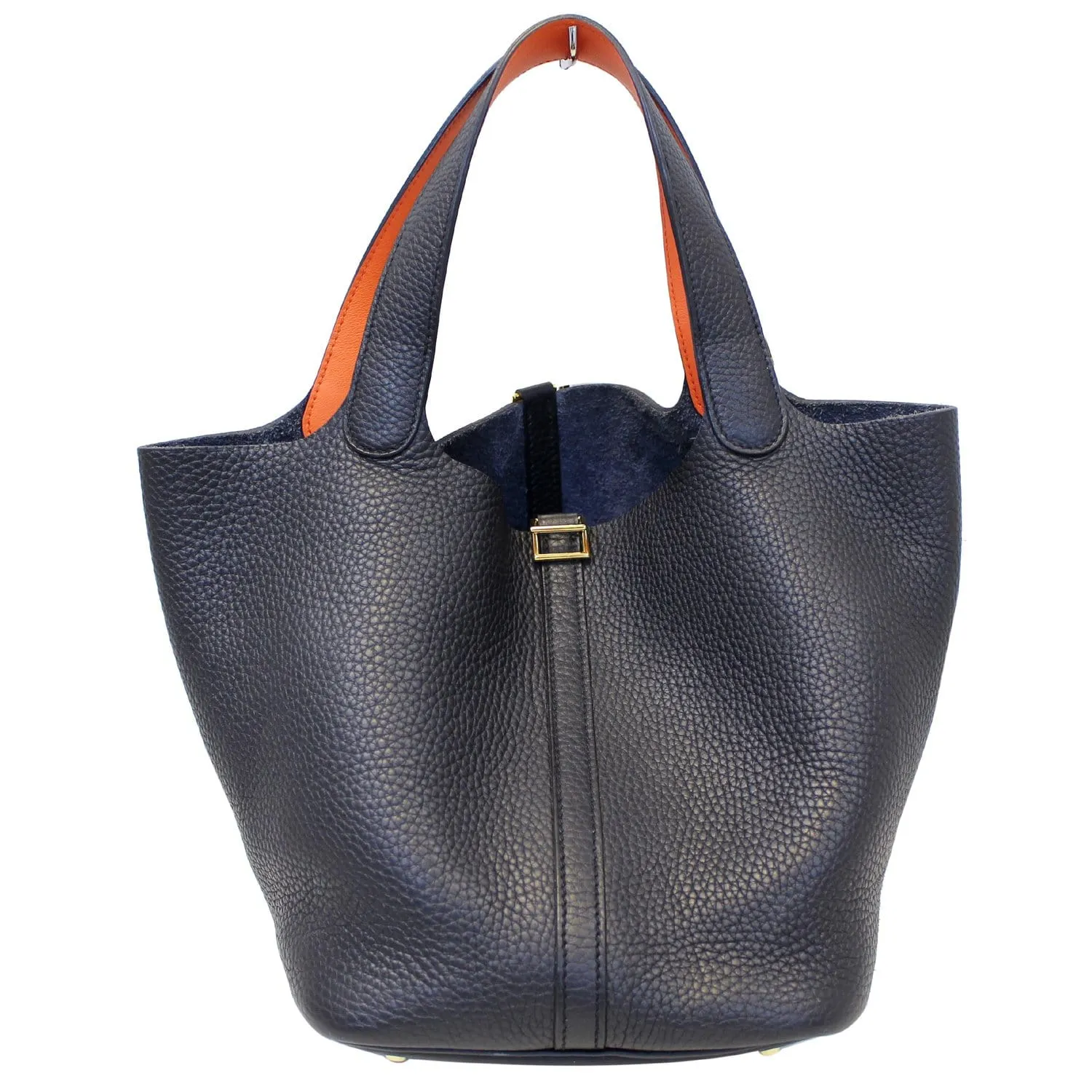HERMES Picotin Lock 22 MM Orange Poppy Taurillon Clemence Leather Bag Black