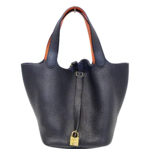 HERMES Picotin Lock 22 MM Orange Poppy Taurillon Clemence Leather Bag Black