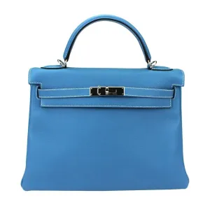 Hermès Kelly 32 Blue Jean Bag PHW