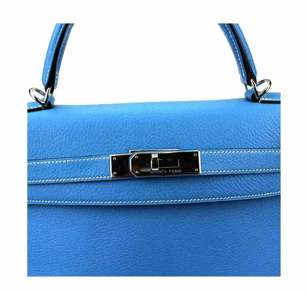 Hermès Kelly 32 Blue Jean Bag PHW