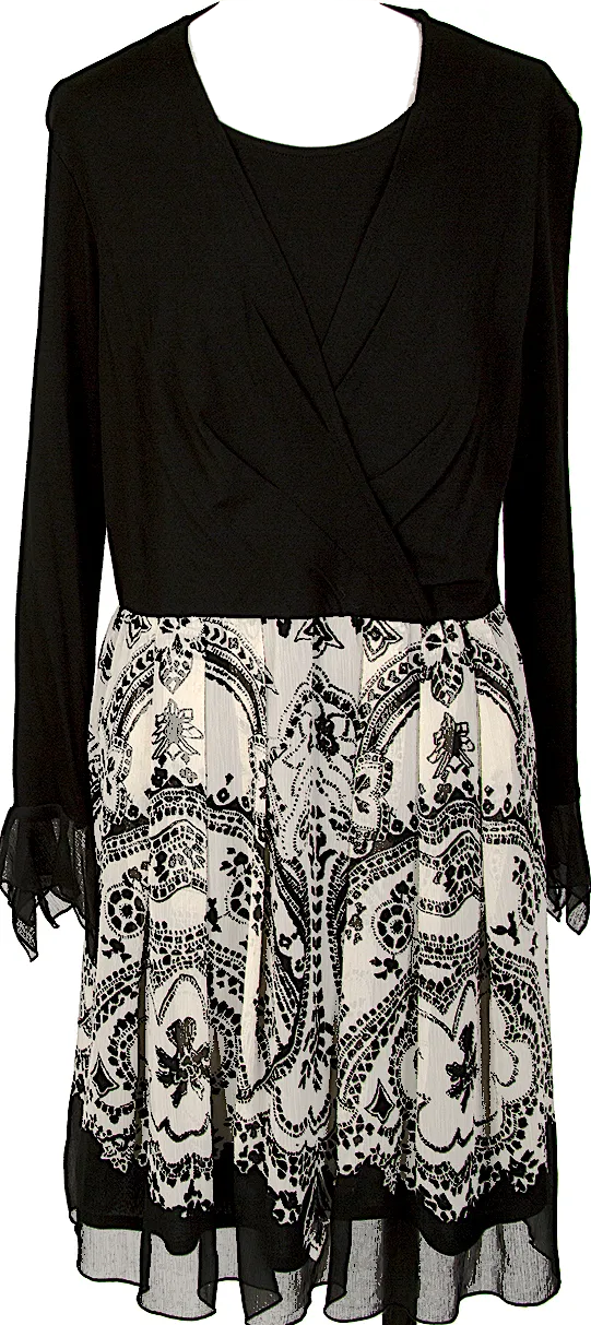 HIROKO KOSHINO JAPAN. HIROKO BIS Black, Ivory Printed Crepe Chiffon Switching Dress