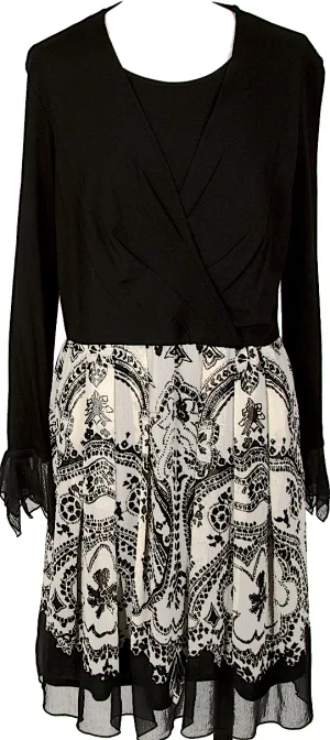 HIROKO KOSHINO JAPAN. HIROKO BIS Black, Ivory Printed Crepe Chiffon Switching Dress