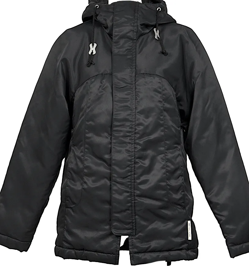 ISSEY MIYAKE JAPAN. FINAL HOME. Black Nylon Padded Back Layered Hooded Jacket