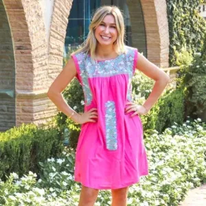 J. Marie Oaxaca Floral Embroidered Dress Women’s Large Mini Short Pink Linen