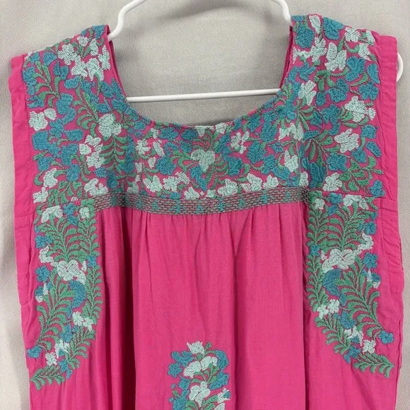 J. Marie Oaxaca Floral Embroidered Dress Women’s Large Mini Short Pink Linen