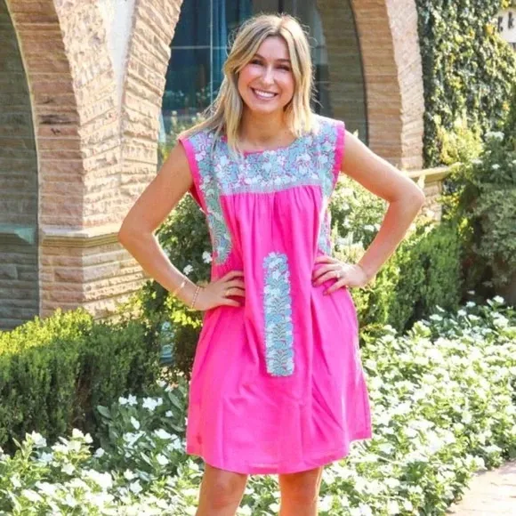 J. Marie Oaxaca Floral Embroidered Dress Women’s Large Mini Short Pink Linen