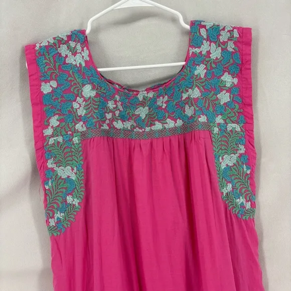 J. Marie Oaxaca Floral Embroidered Dress Women’s Large Mini Short Pink Linen