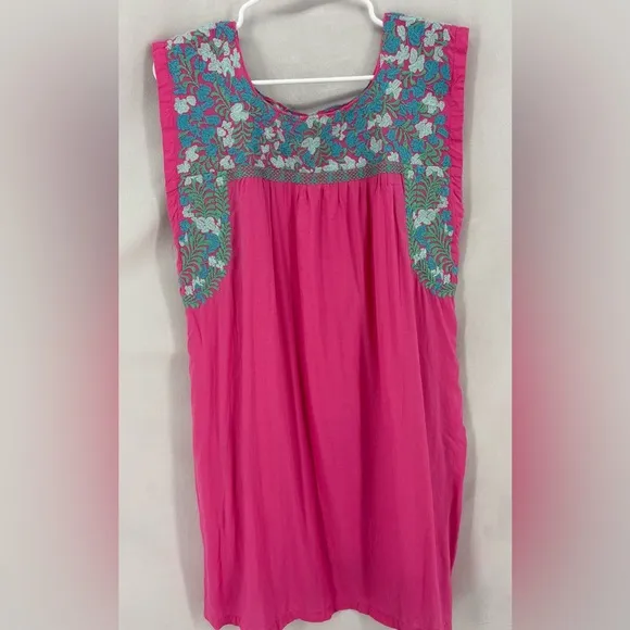 J. Marie Oaxaca Floral Embroidered Dress Women’s Large Mini Short Pink Linen
