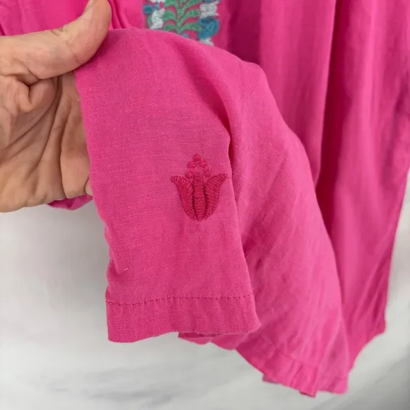 J. Marie Oaxaca Floral Embroidered Dress Women’s Large Mini Short Pink Linen