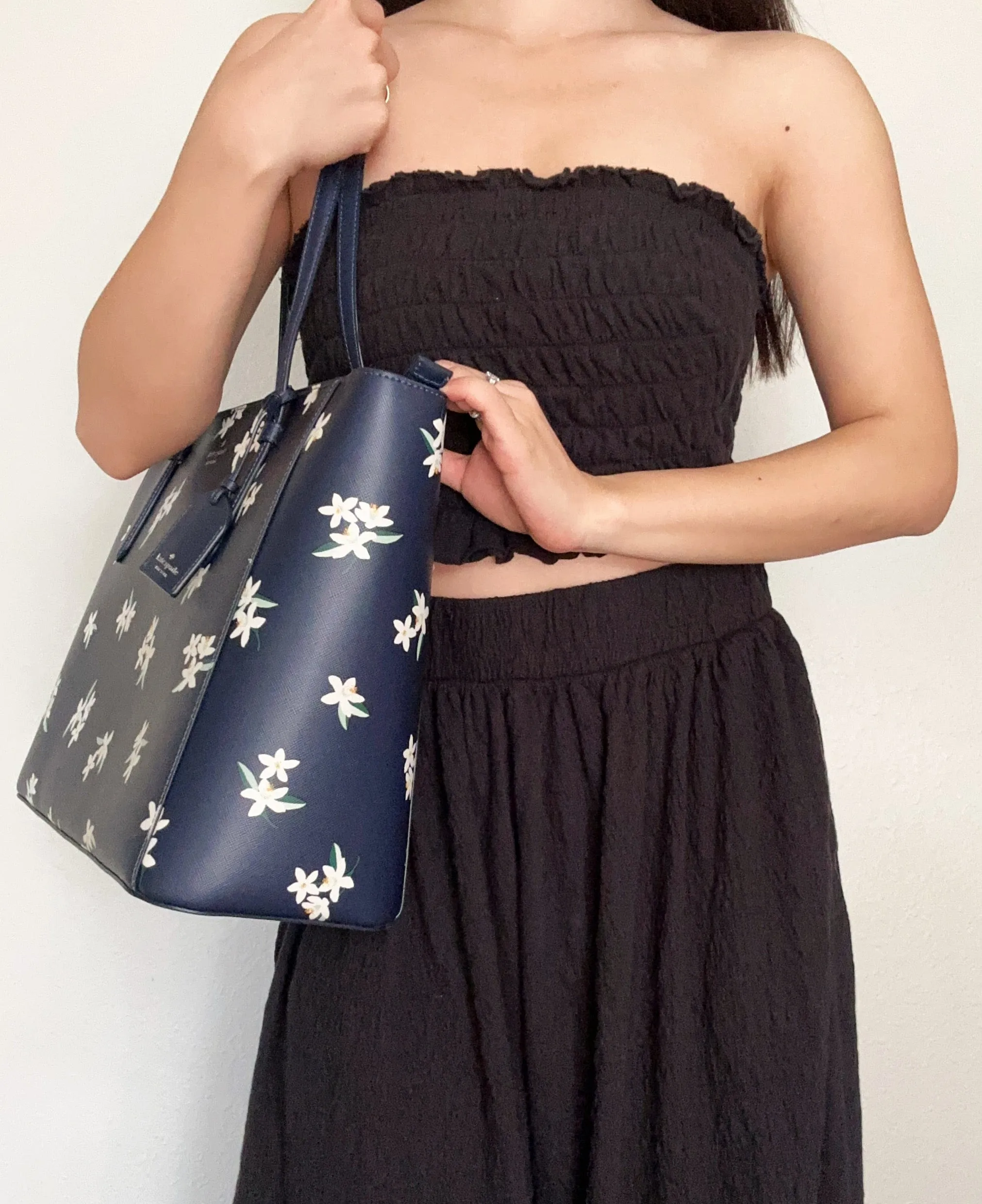 Kate Spade Schuyler Medium Leather Tote Bag Lily Blooms Floral Parisian Blue