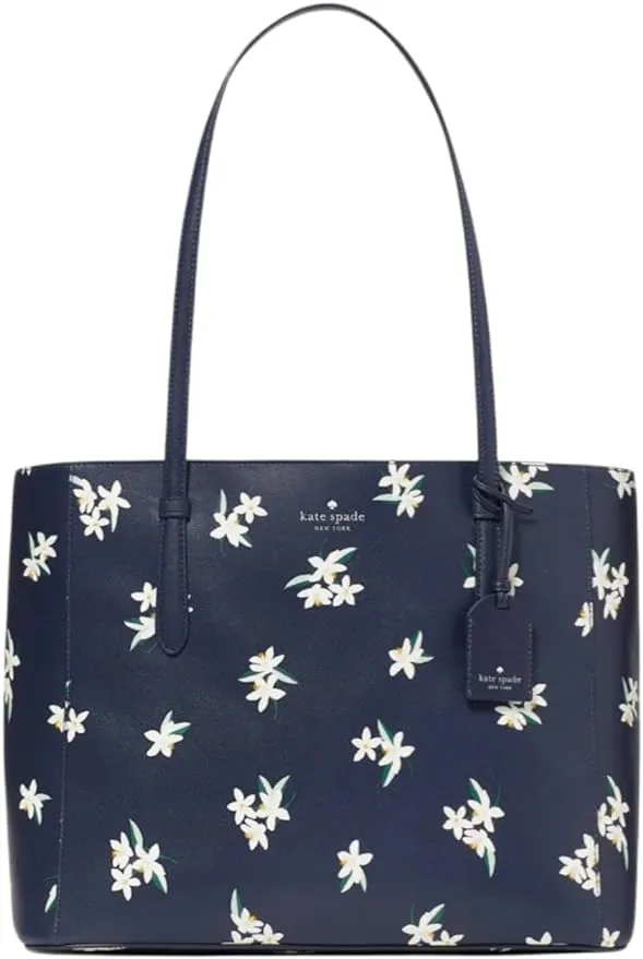 Kate Spade Schuyler Medium Leather Tote Bag Lily Blooms Floral Parisian Blue