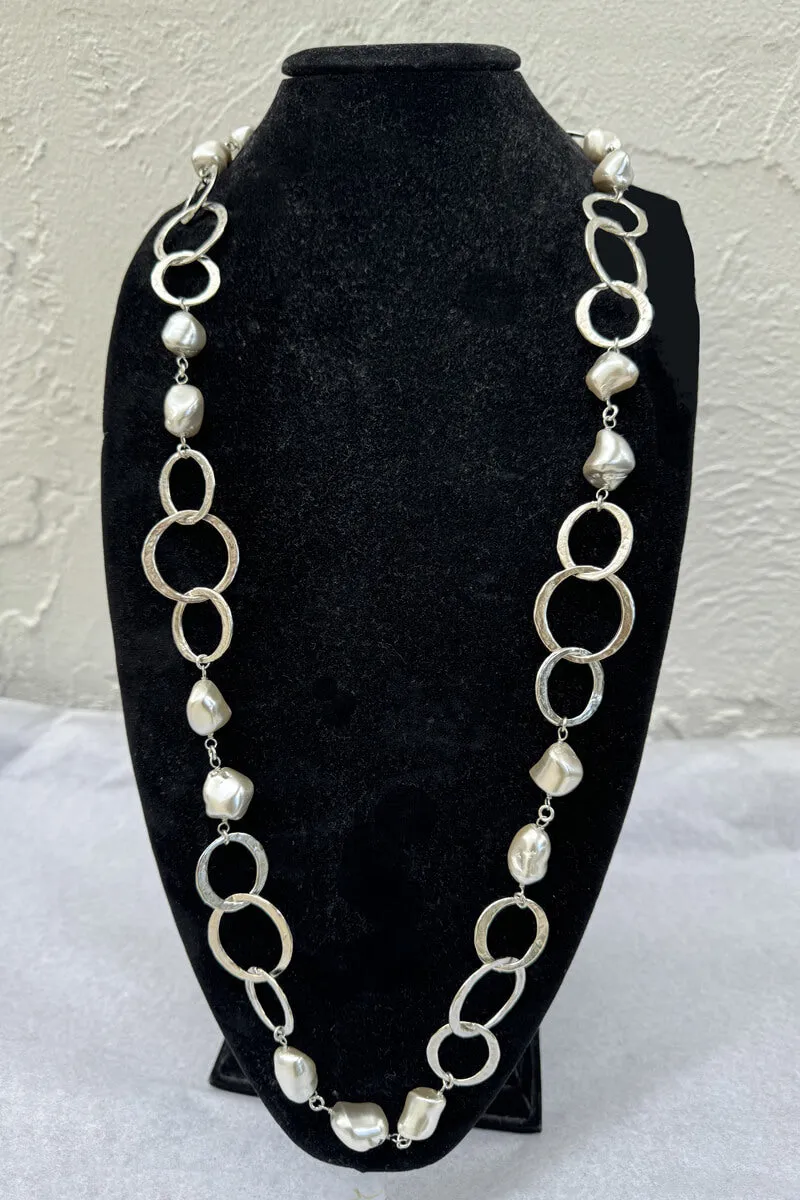 Kenneth Jay Lane Silver Link and Grey Pearl Necklace
