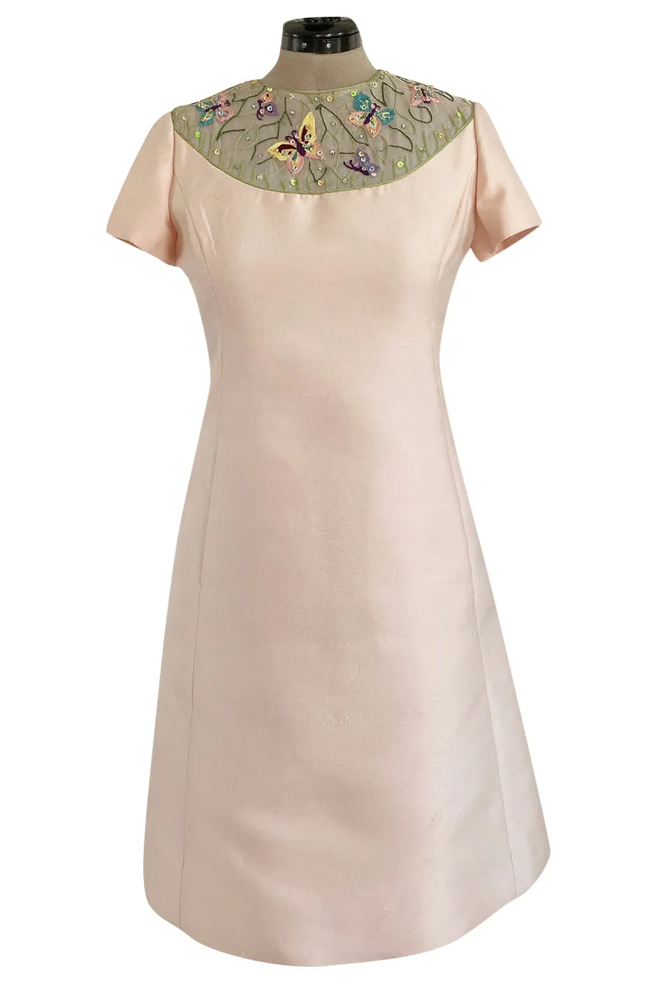 Late 1960s Malcolm Starr Butterfly Embroidered Collar Pale Pink Silk Shift Dress & Jacket Set
