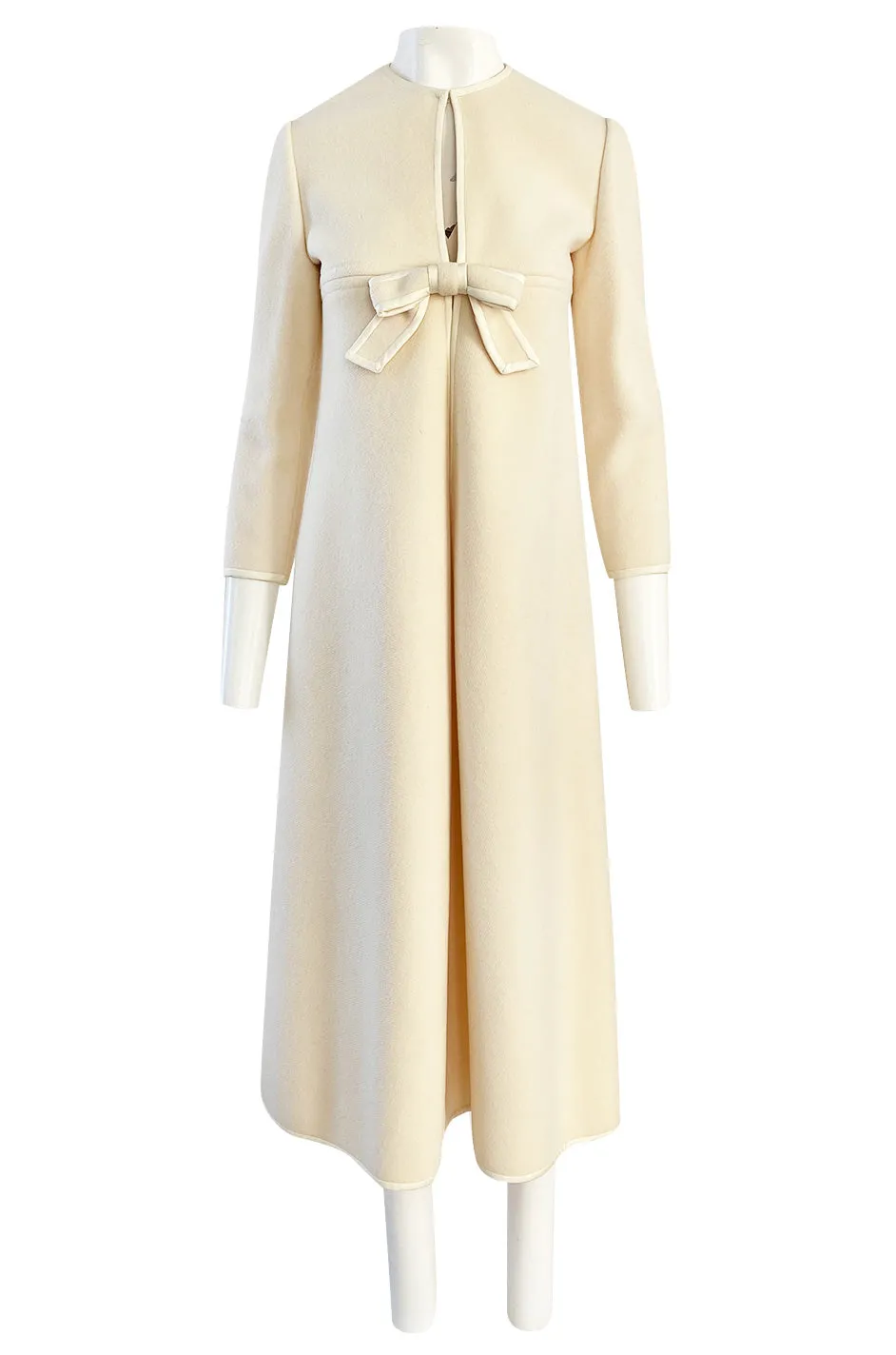 Late 1960s Pierre Cardin Ivory Wool Blanket Coat w Ribbon Edged Front Bow Detailing