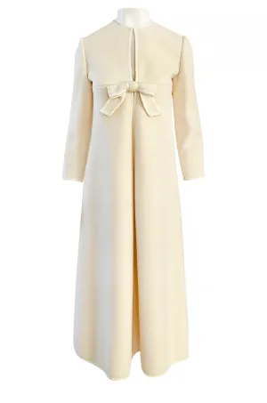 Late 1960s Pierre Cardin Ivory Wool Blanket Coat w Ribbon Edged Front Bow Detailing