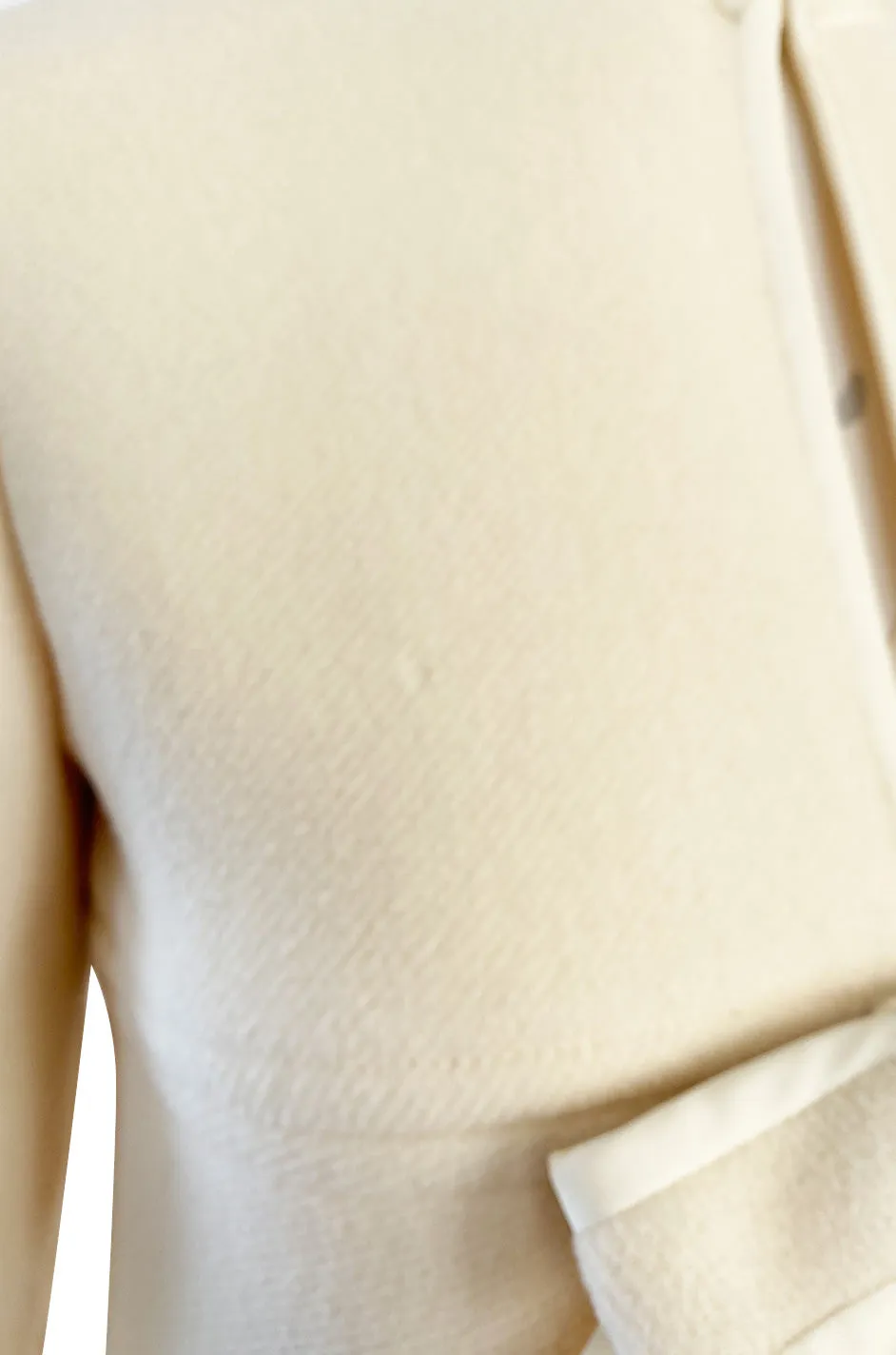 Late 1960s Pierre Cardin Ivory Wool Blanket Coat w Ribbon Edged Front Bow Detailing