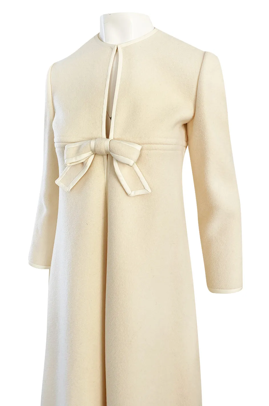 Late 1960s Pierre Cardin Ivory Wool Blanket Coat w Ribbon Edged Front Bow Detailing