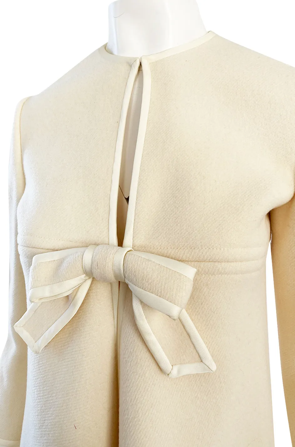 Late 1960s Pierre Cardin Ivory Wool Blanket Coat w Ribbon Edged Front Bow Detailing
