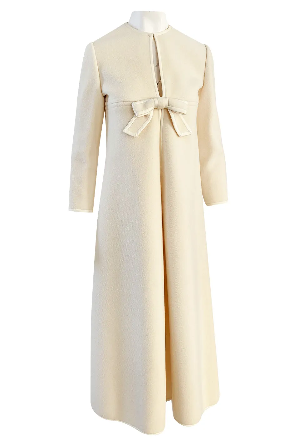 Late 1960s Pierre Cardin Ivory Wool Blanket Coat w Ribbon Edged Front Bow Detailing