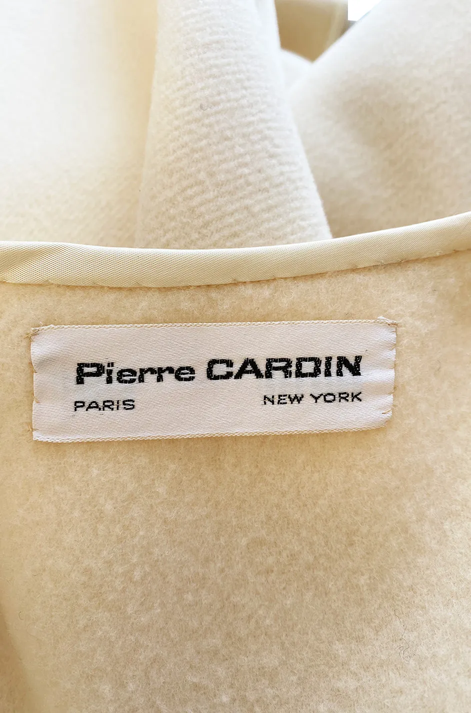 Late 1960s Pierre Cardin Ivory Wool Blanket Coat w Ribbon Edged Front Bow Detailing