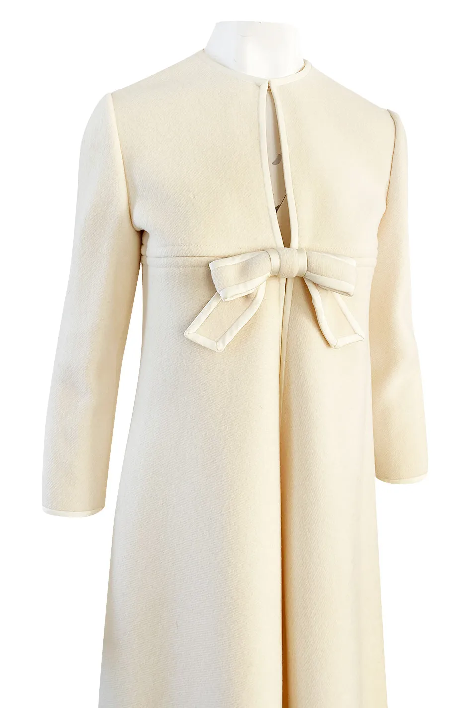 Late 1960s Pierre Cardin Ivory Wool Blanket Coat w Ribbon Edged Front Bow Detailing