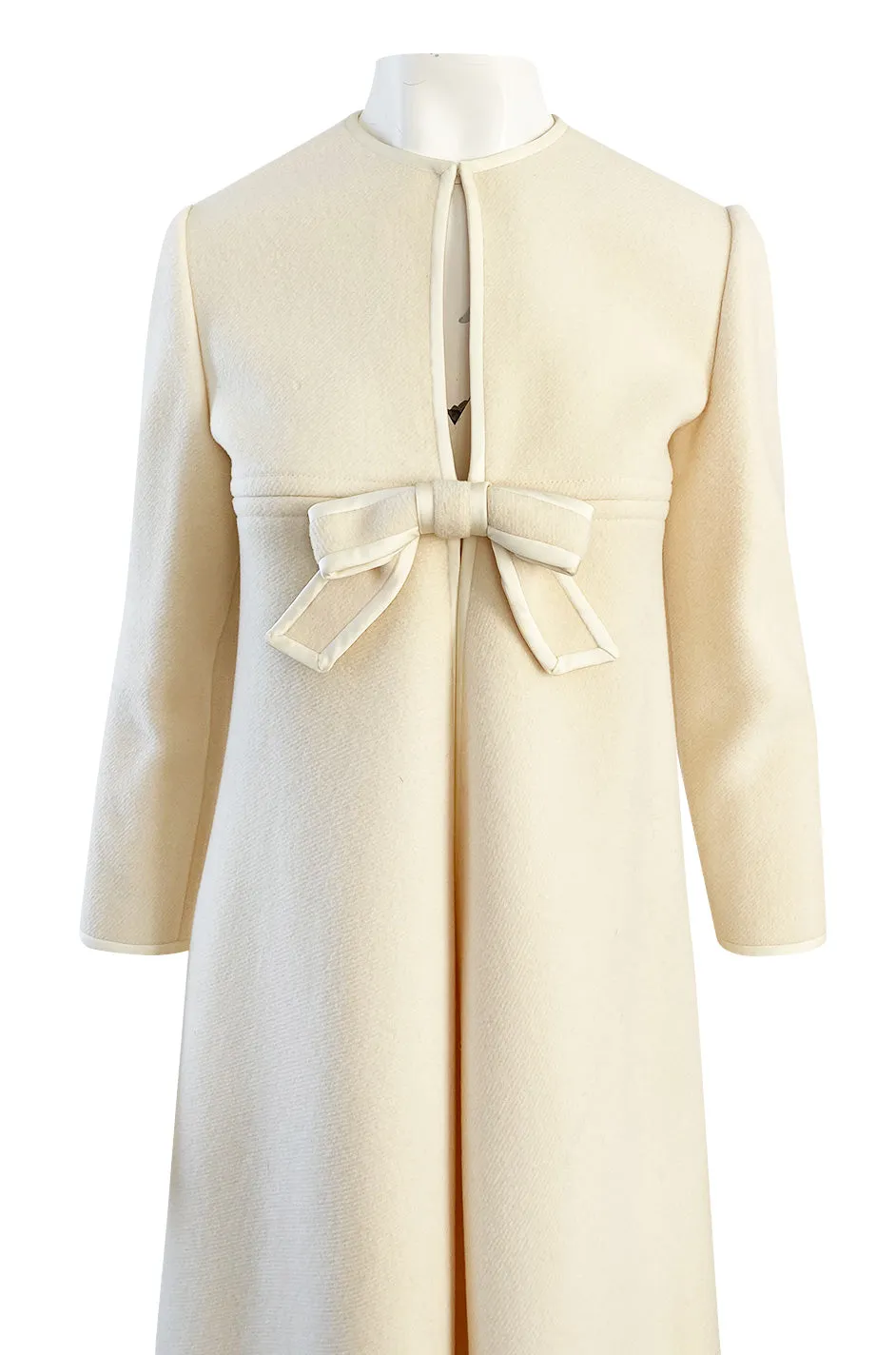 Late 1960s Pierre Cardin Ivory Wool Blanket Coat w Ribbon Edged Front Bow Detailing