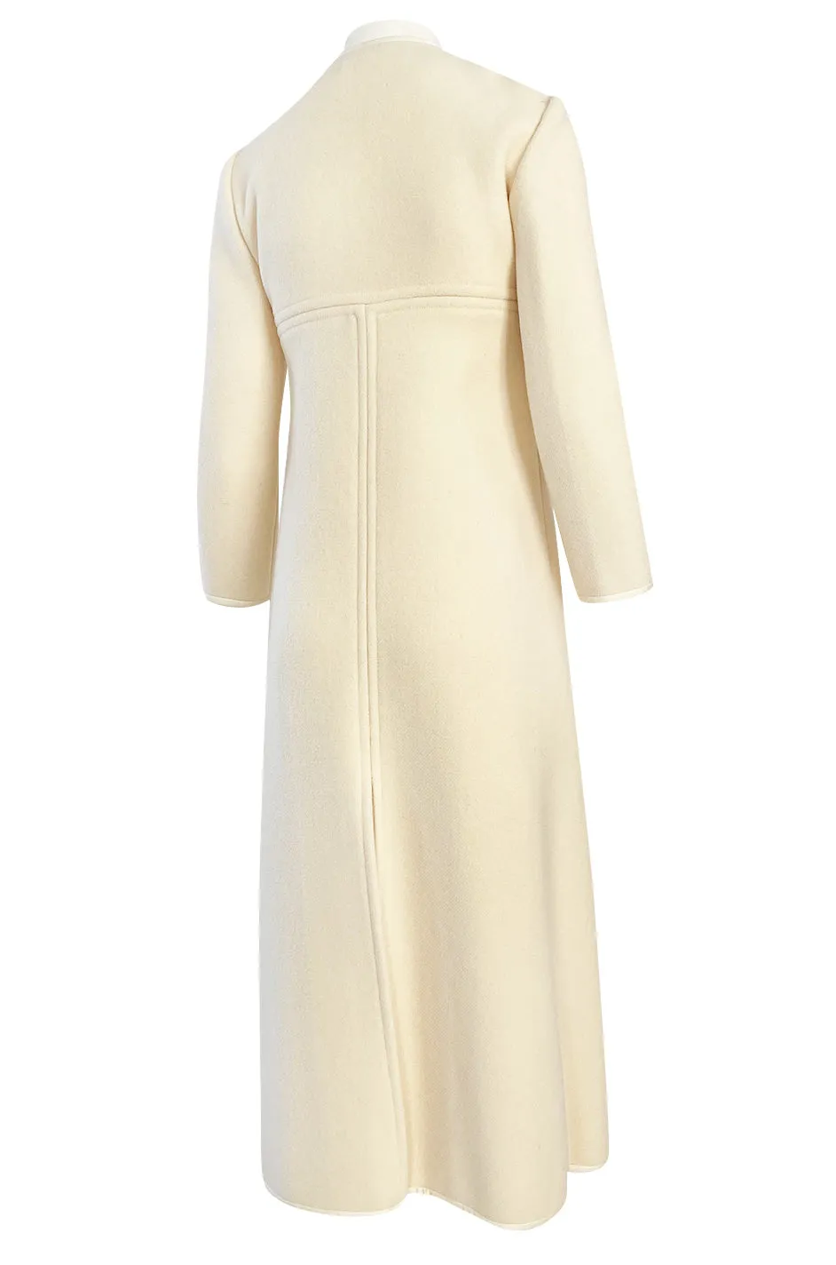 Late 1960s Pierre Cardin Ivory Wool Blanket Coat w Ribbon Edged Front Bow Detailing