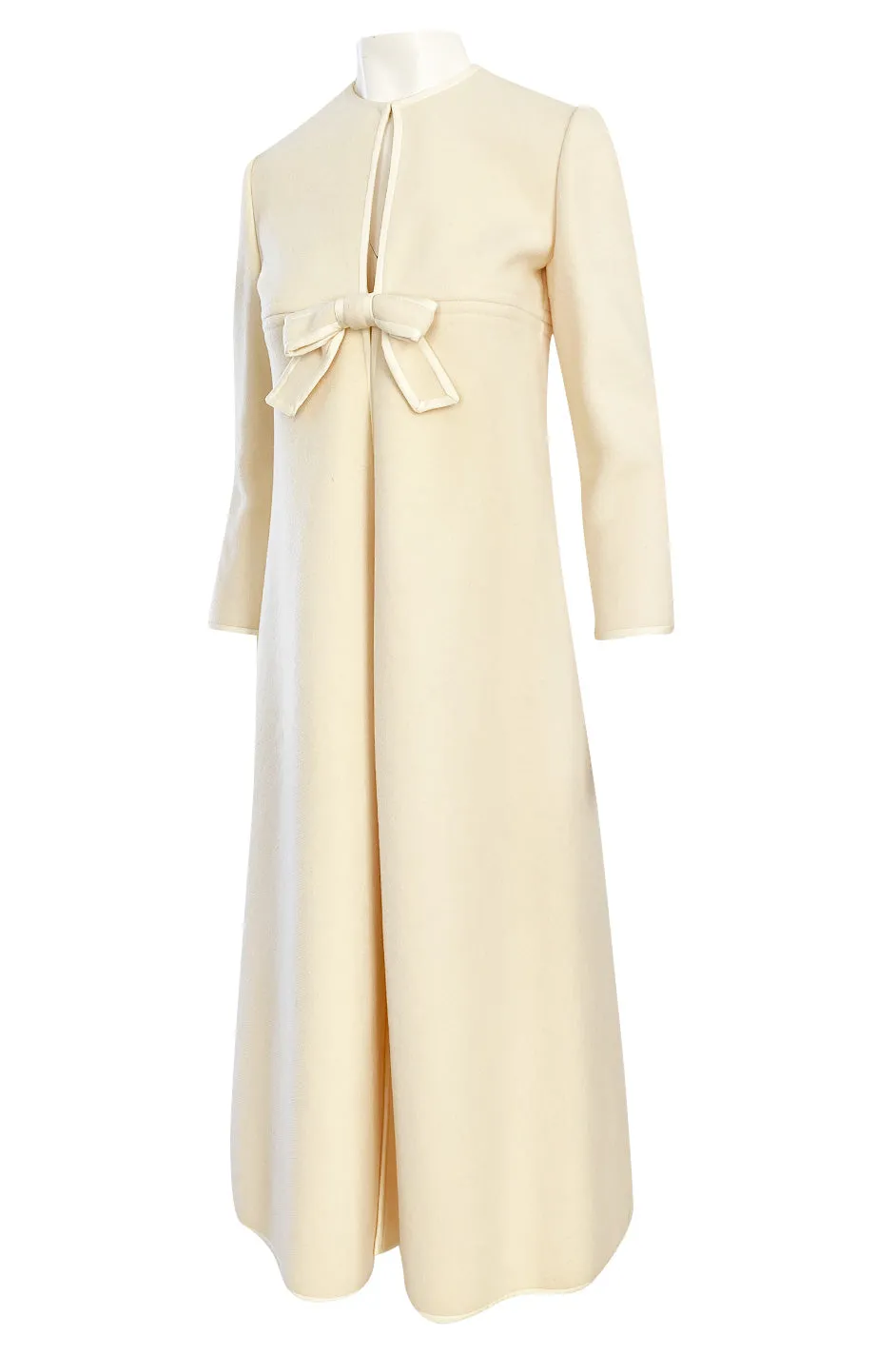 Late 1960s Pierre Cardin Ivory Wool Blanket Coat w Ribbon Edged Front Bow Detailing
