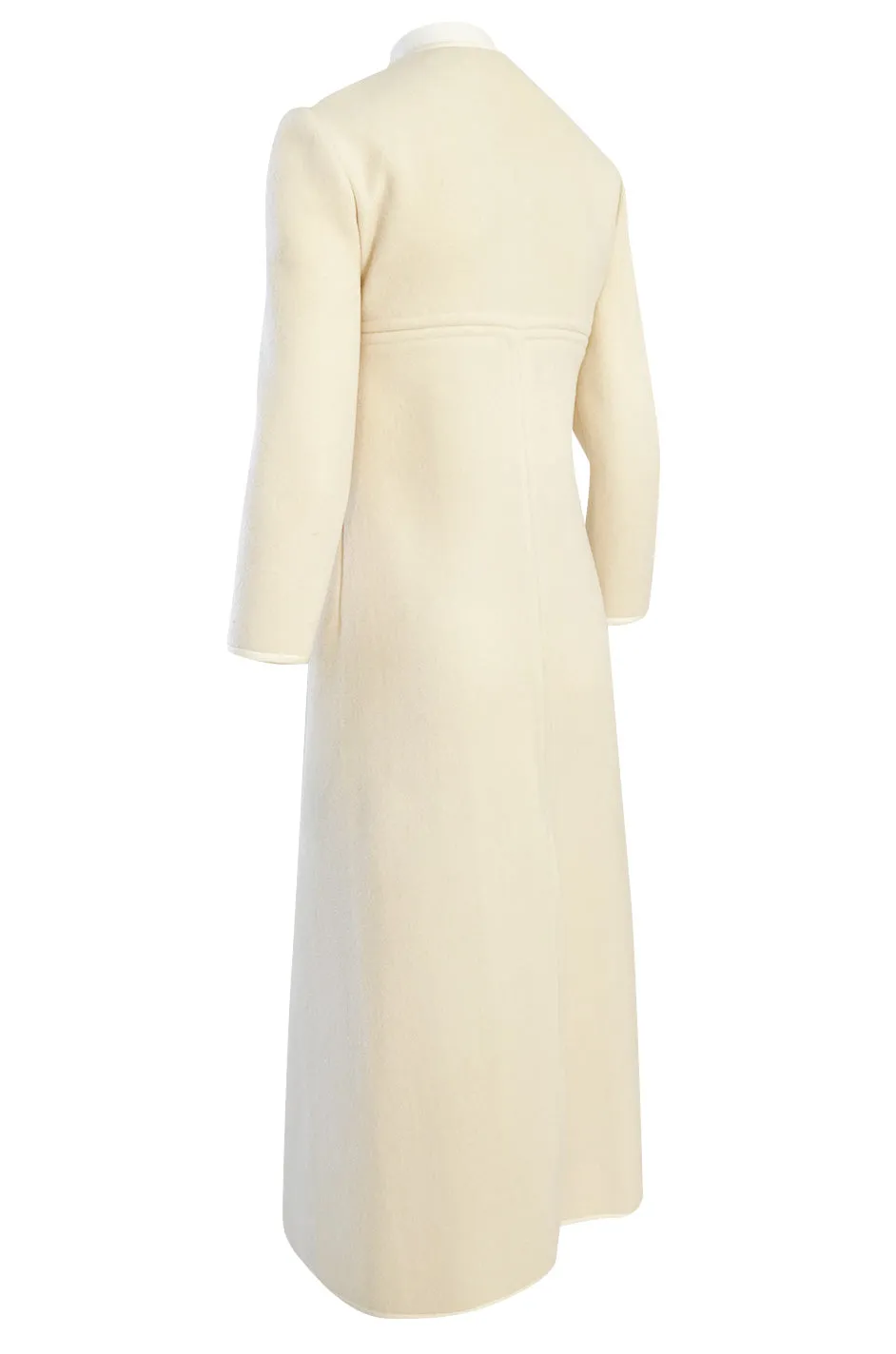Late 1960s Pierre Cardin Ivory Wool Blanket Coat w Ribbon Edged Front Bow Detailing