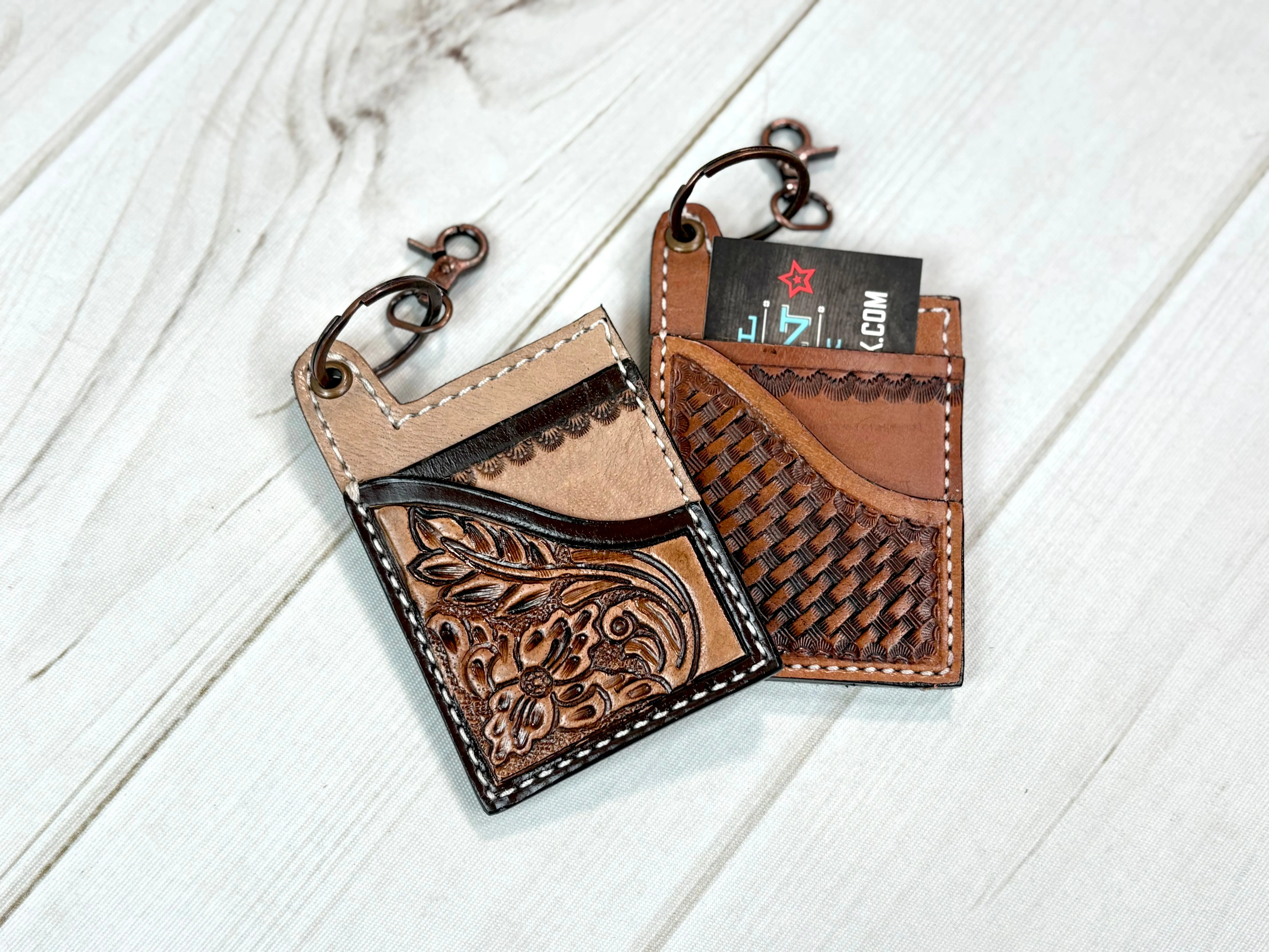 Leather Tooled Western Card Holder Keychain