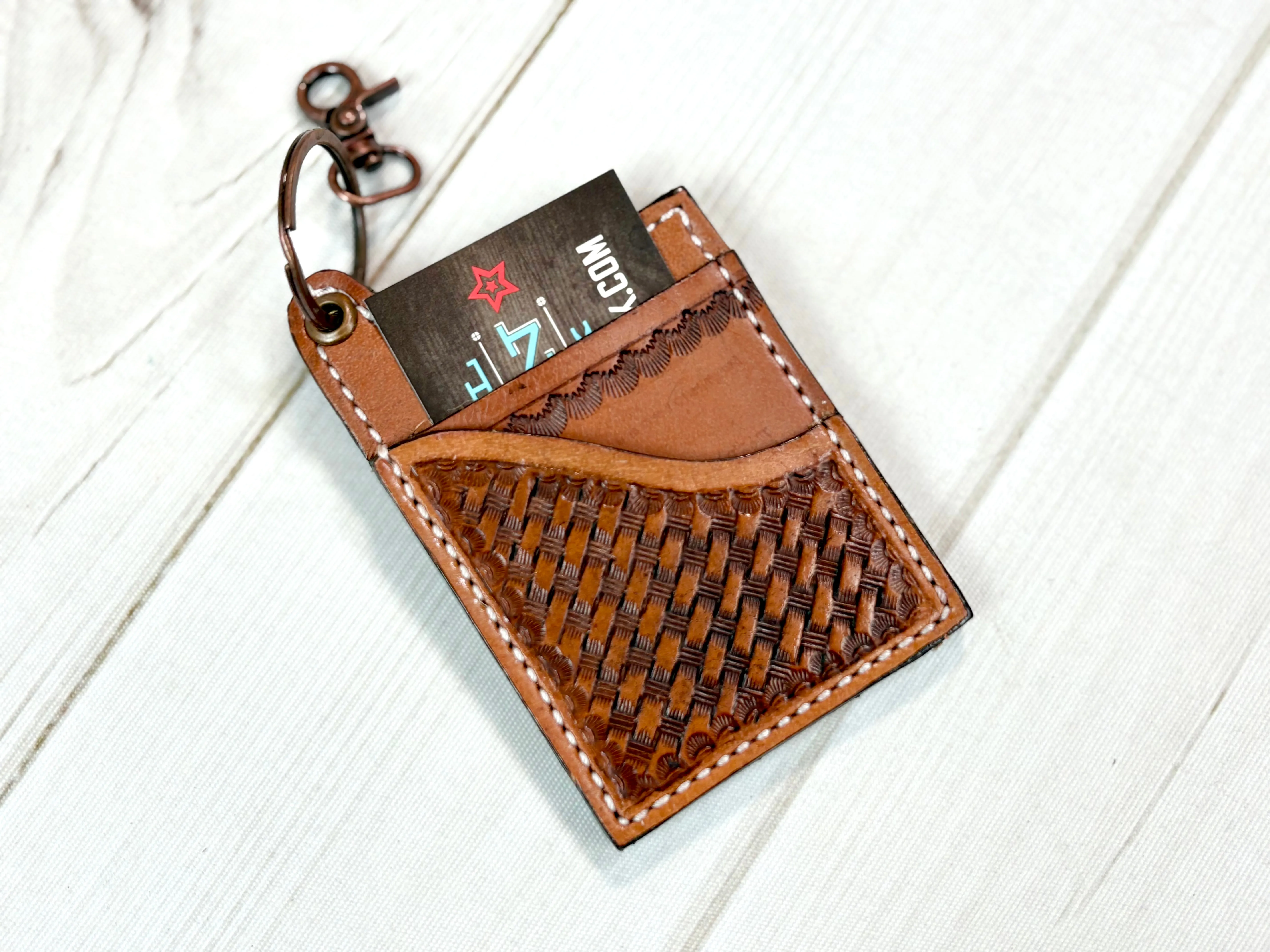 Leather Tooled Western Card Holder Keychain