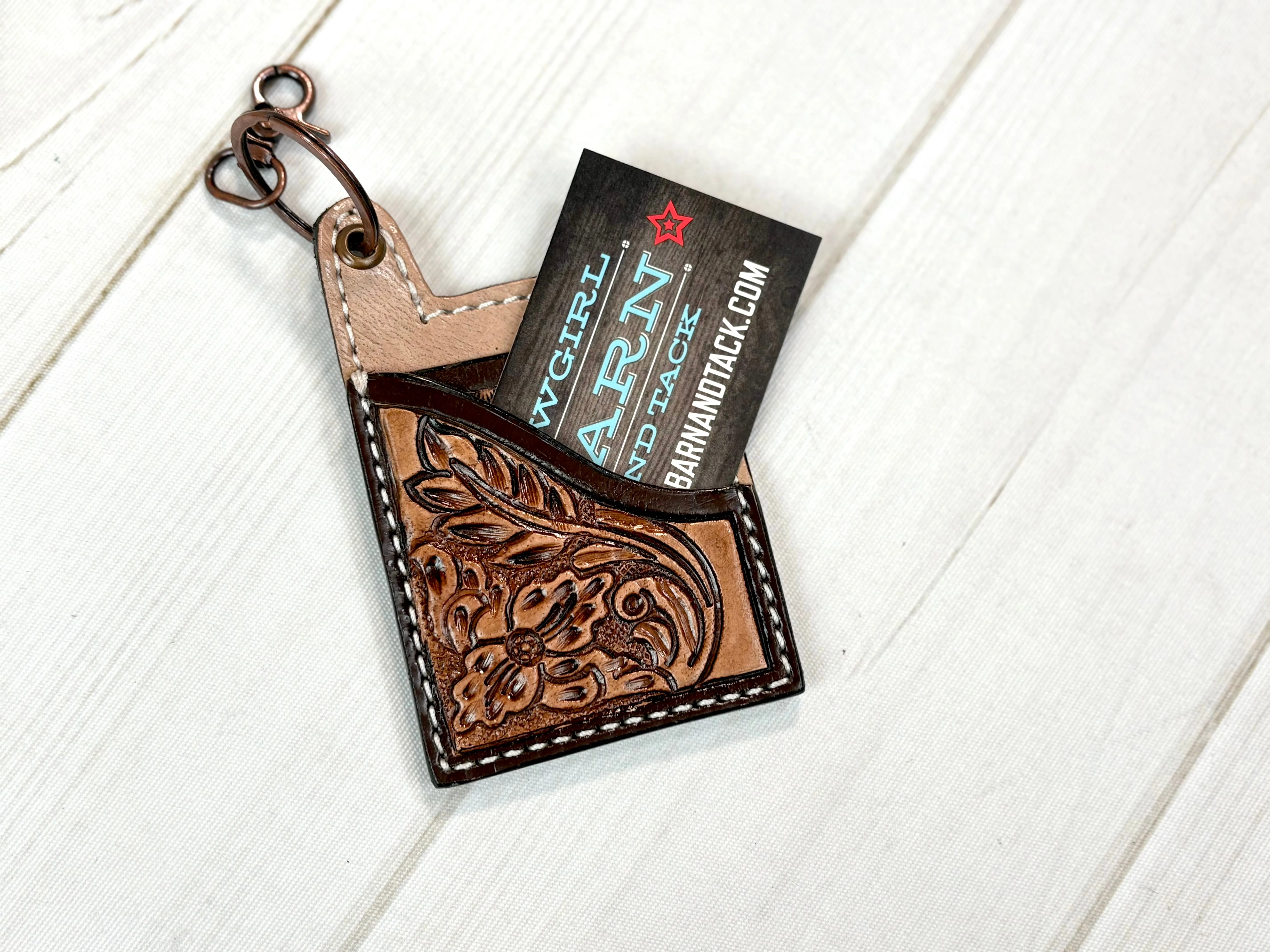Leather Tooled Western Card Holder Keychain