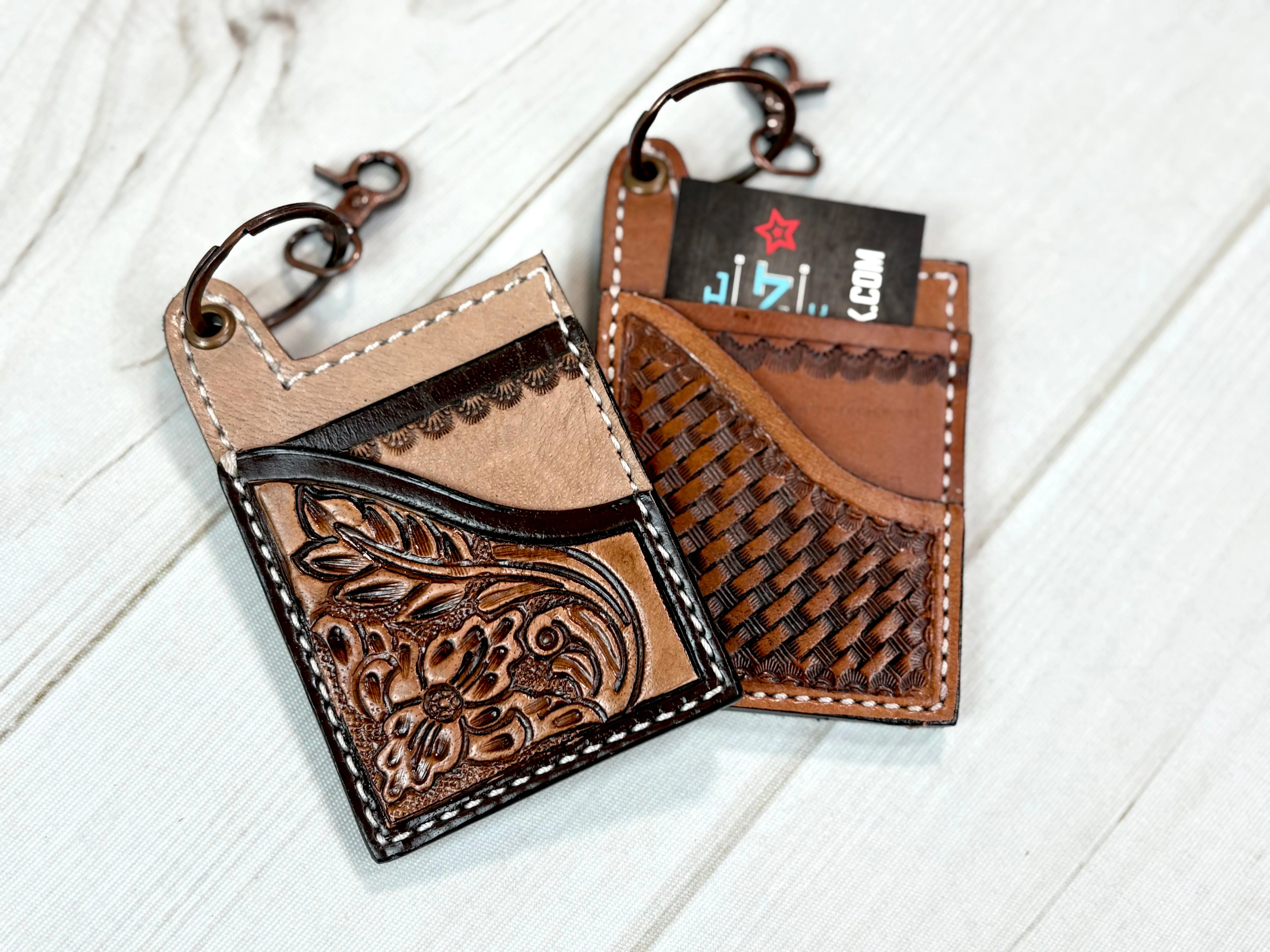Leather Tooled Western Card Holder Keychain