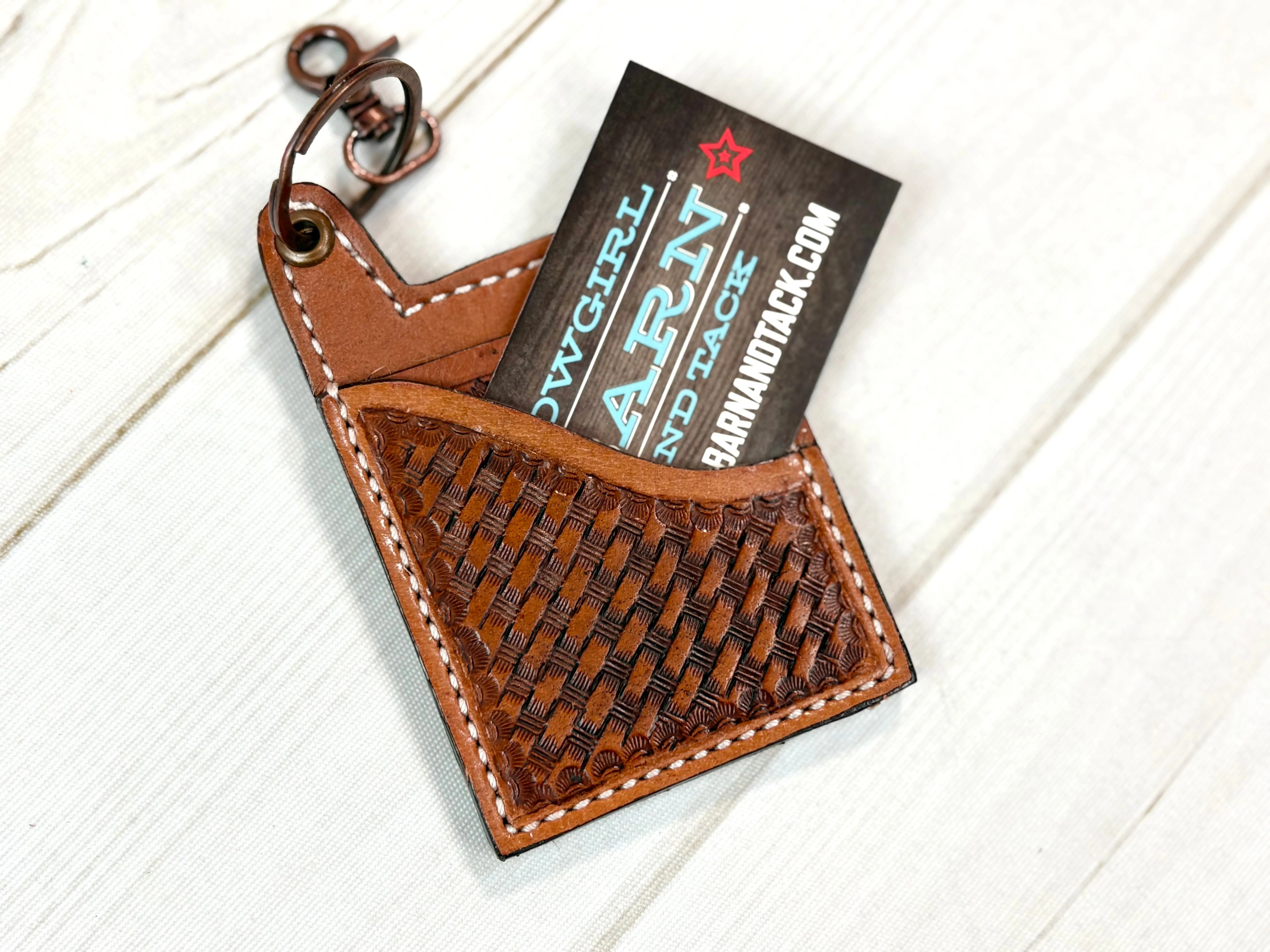 Leather Tooled Western Card Holder Keychain