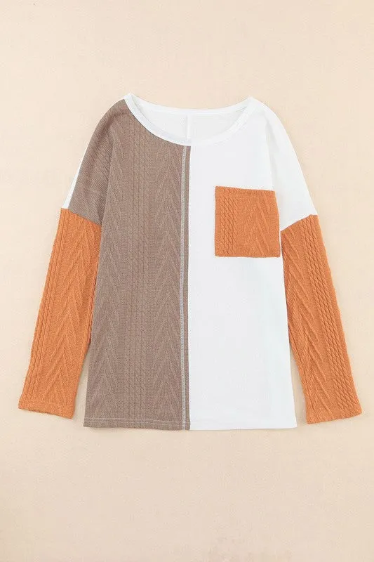 Leo Color block Chest Pocket Textured Knit Top