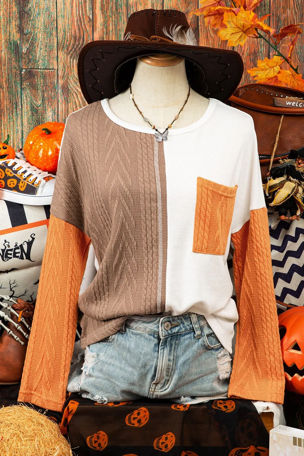 Leo Color block Chest Pocket Textured Knit Top