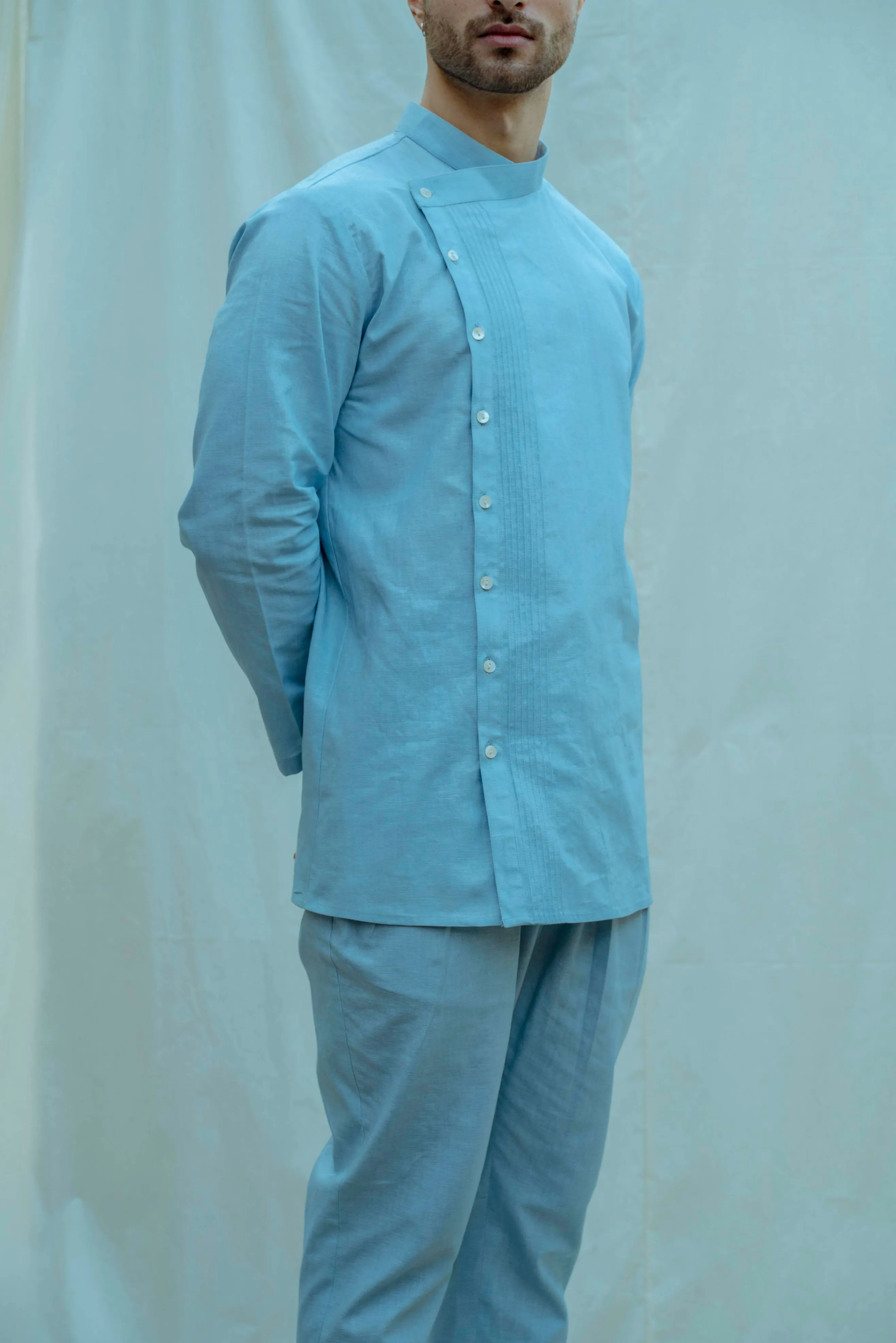 Light Blue Overlapped Pintuck Shirt