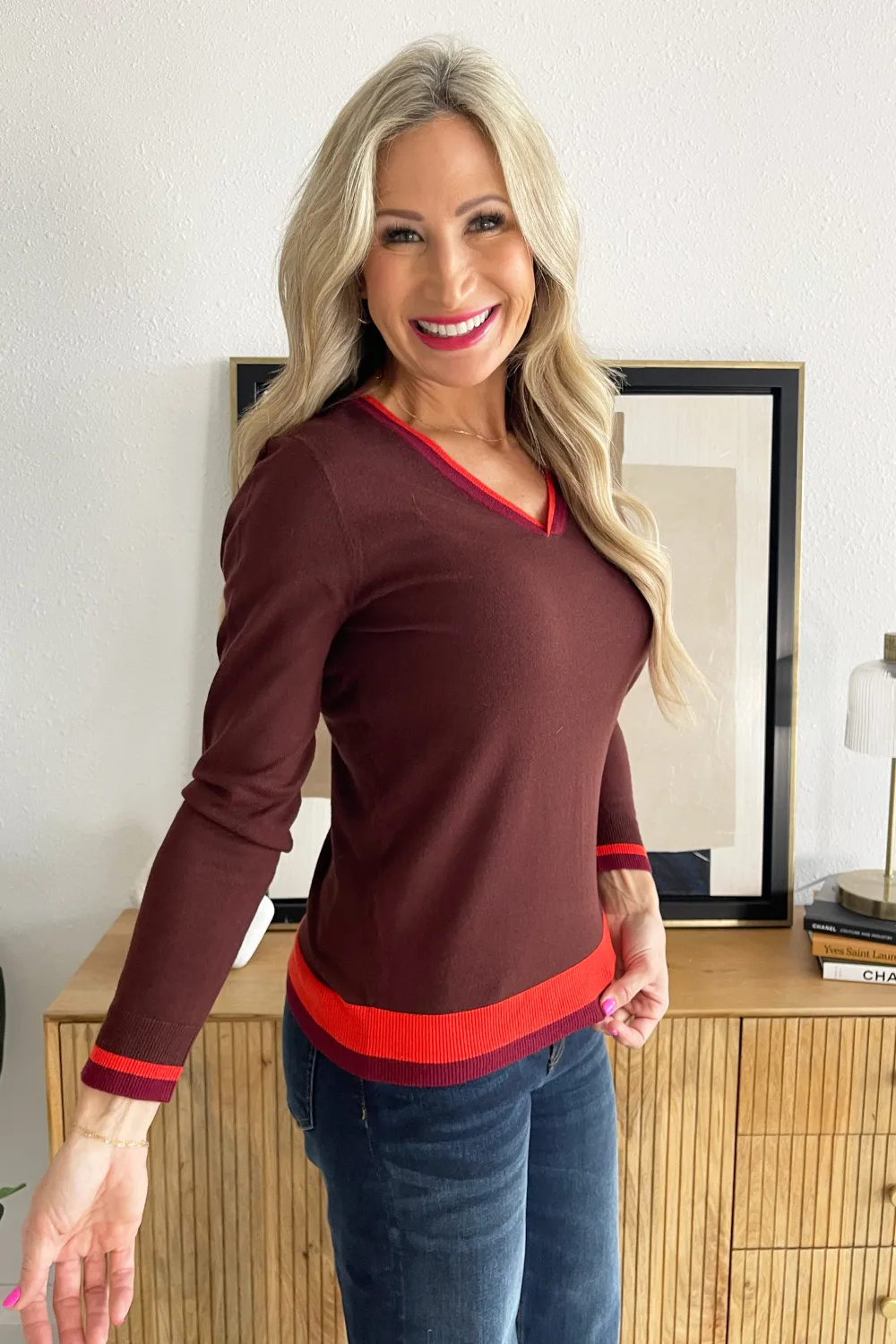 Long Sleeve V-Neck Colorblock Sweater