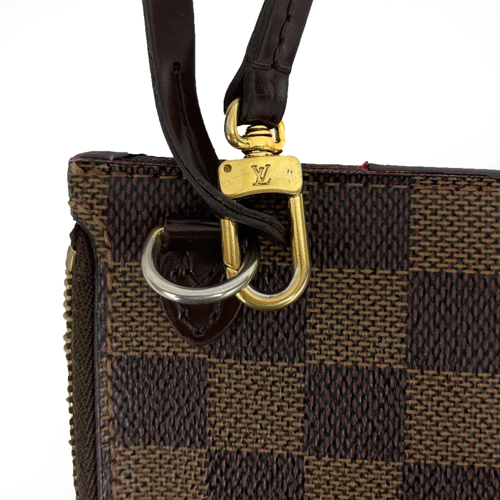 Louis Vuitton - LV - Damier Ebene Pouch Medium Wristlet Clutch Red Interior