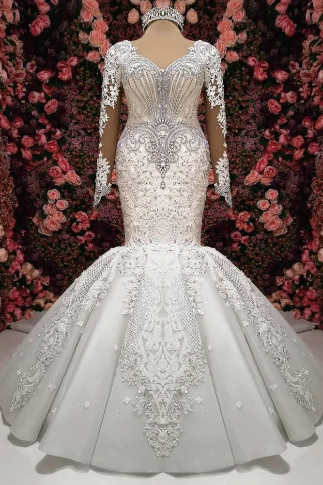 Luxurious Crystals Mermaid Bridal Gowns Long Sleevess Chapel Train Wedding Dresses