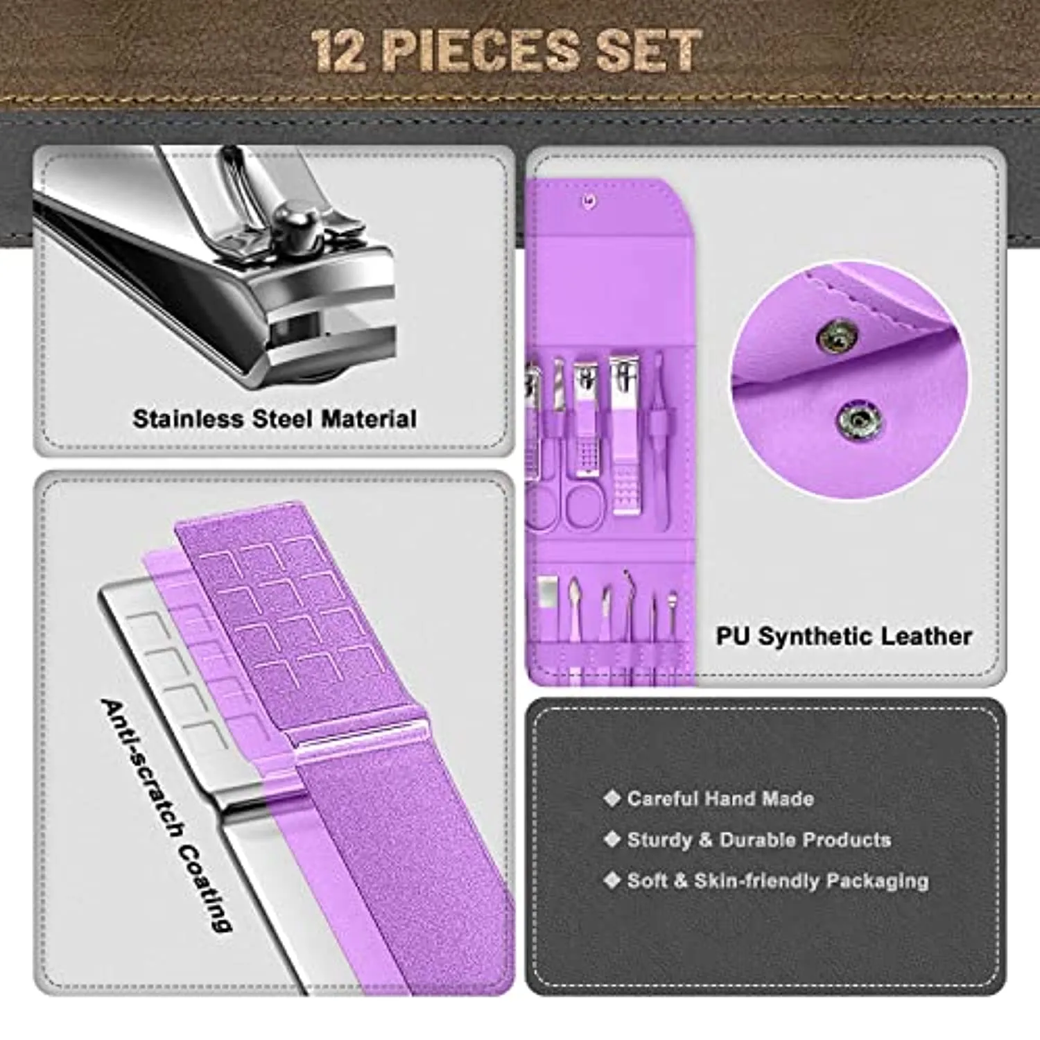 Manicure Set Professional 12 in 1 Nail Clipper Set Manicure Kit Stainless Steel Nail Care Kit with Case [Purple]