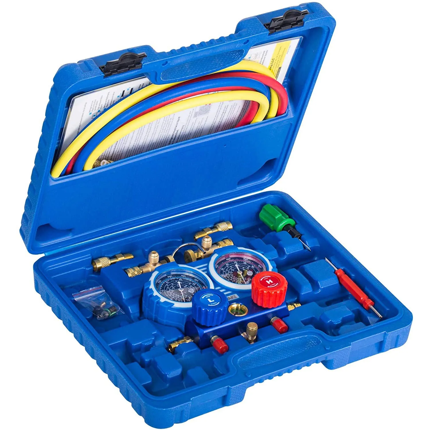 Manifold Gauge Set for R134A, R12 Refrigerant, Brass Auto Service Set with 5 ft Hoses, 1/4" Fittings, Quick Connector Couplers and Can Tap