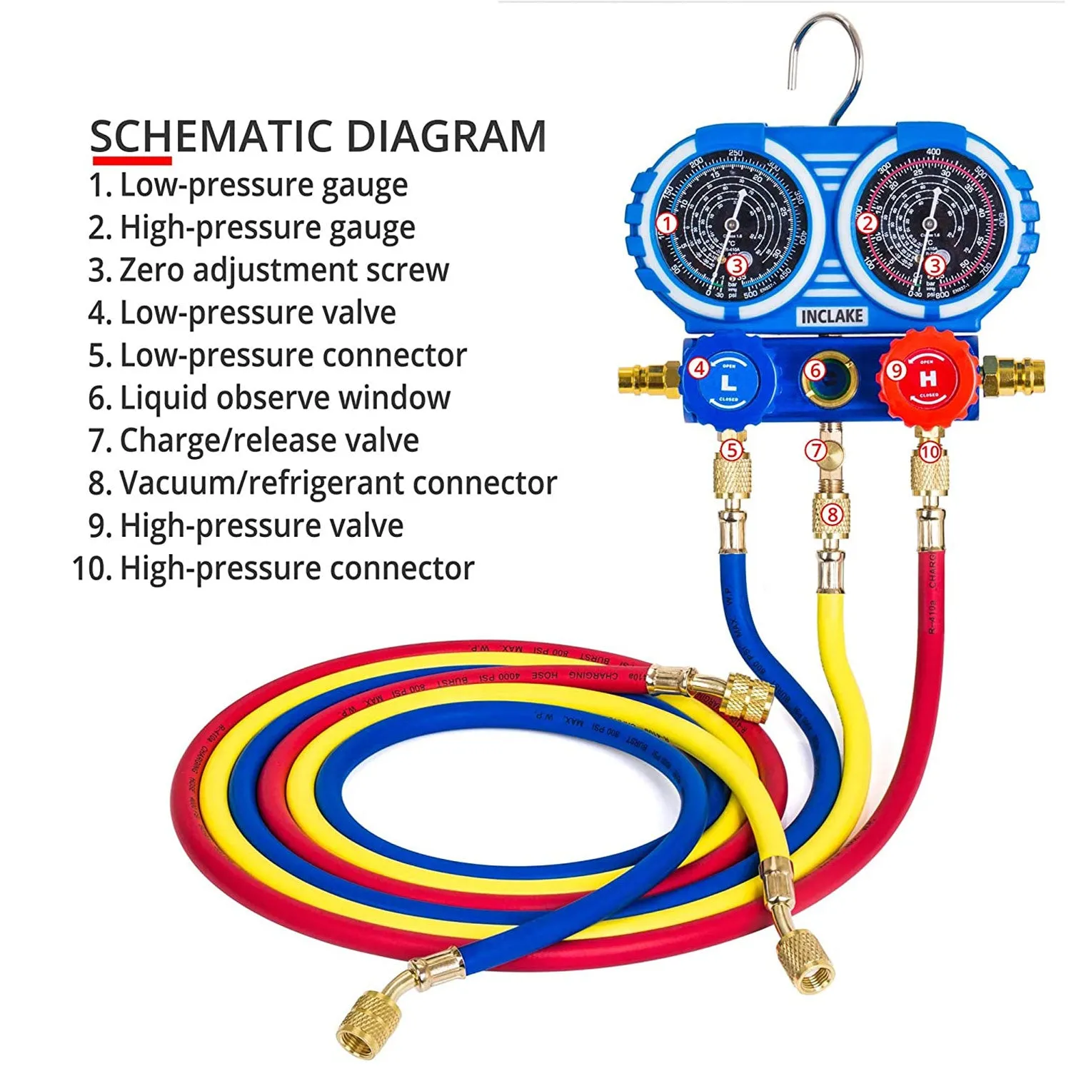 Manifold Gauge Set for R134A, R12 Refrigerant, Brass Auto Service Set with 5 ft Hoses, 1/4" Fittings, Quick Connector Couplers and Can Tap